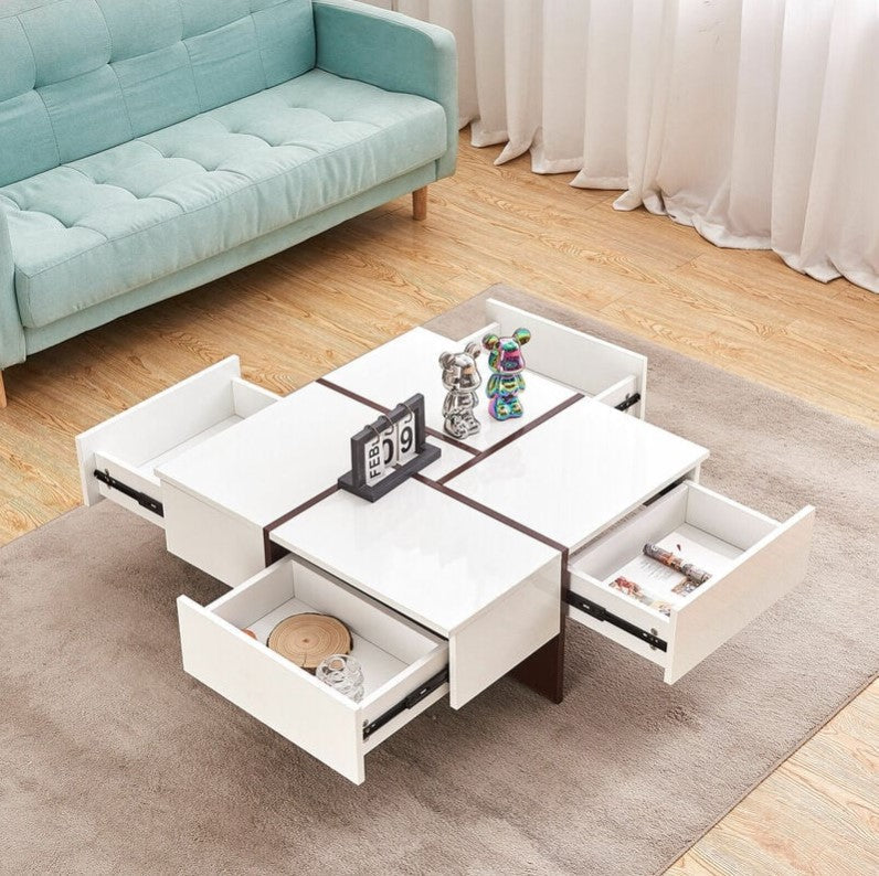 Table basse blanche haute brillance avec rangement