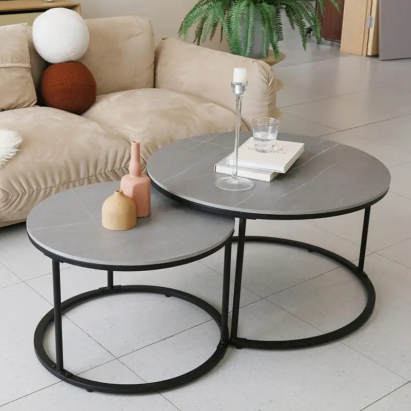 Lot de 2 tables d'appoints ronde en marbre gris